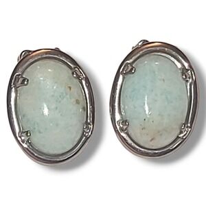 Larimar Cabochon Clip On Earrings Oval Blue Stone Silver Tone Vintage Style